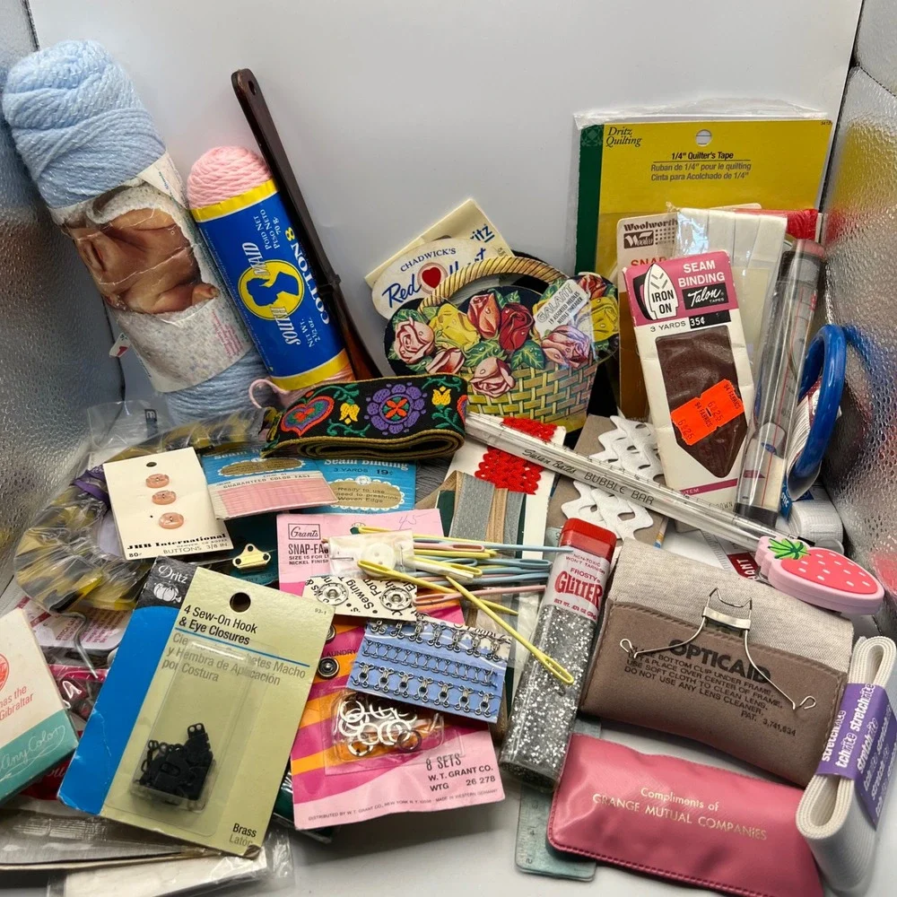 Junk Drawer Craft Supply Lot 2 lbs 50 Items VTG Sewing Needlework Fiber Arts